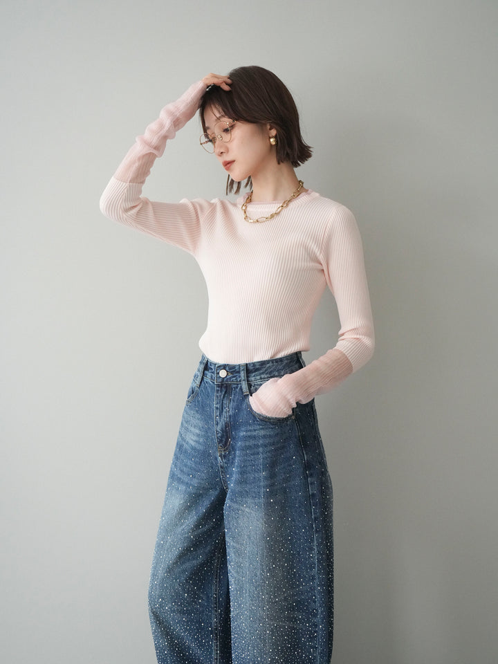 [予約]リブラメシアー切替リブニットトップス/pink