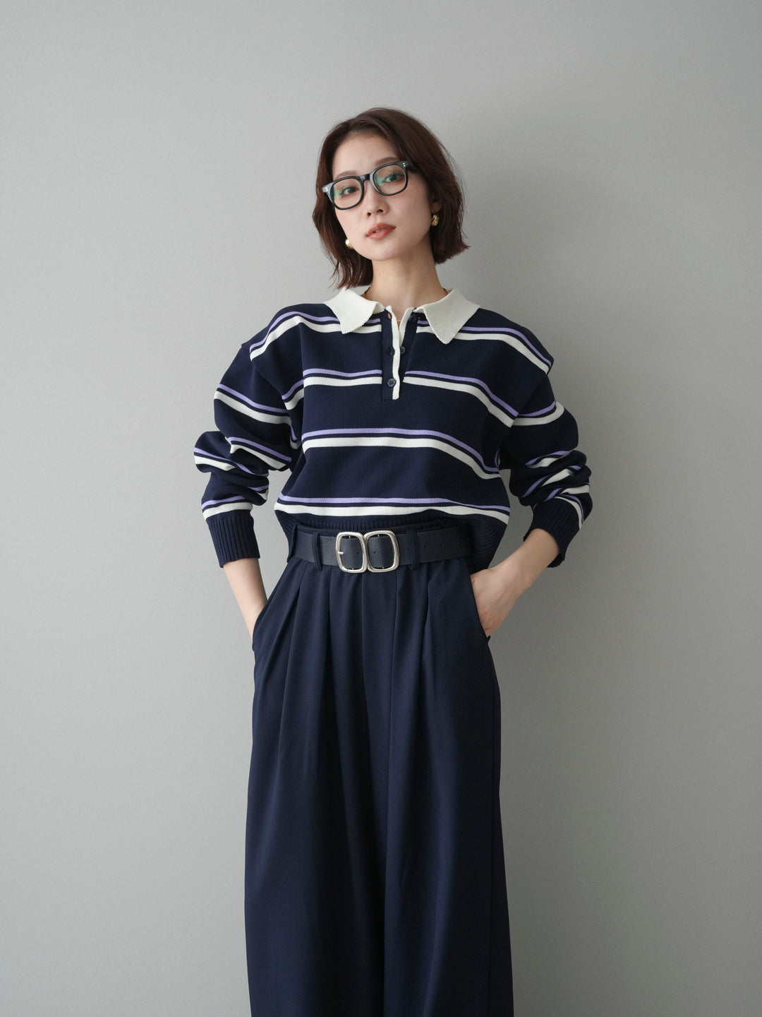 [予約]マルチボーダーポロニットトップス/navy