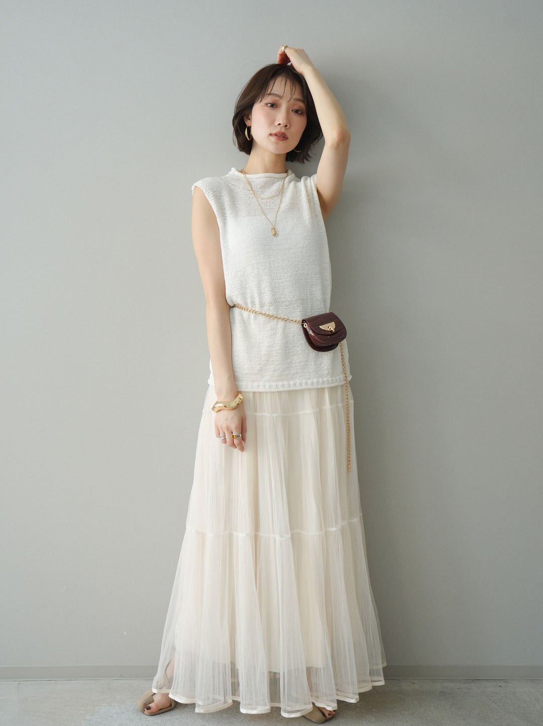 [予約]ラメプリーツレイヤードチュールロングスカート/ivory