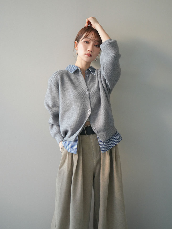 [SET]チェックシャツ襟ニットカーディガン+ベルトデザインループコールテンワイドパンツ(ベルト付き)(2set)