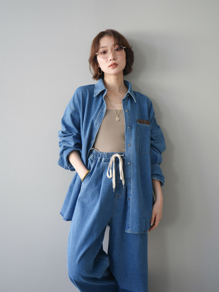 [SET]ポイントレザーオーバーデニムシャツ+ドロストワイドデニムパンツ(2set)