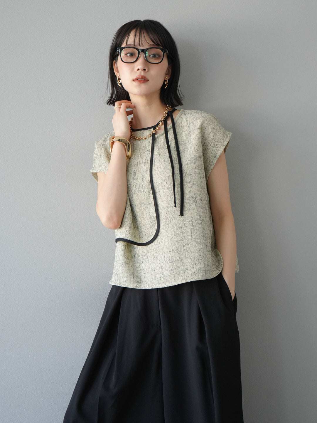 [SET]サマーツイードケープデザインプルオーバー+クレープシフォンタックワイドパンツ(2set)