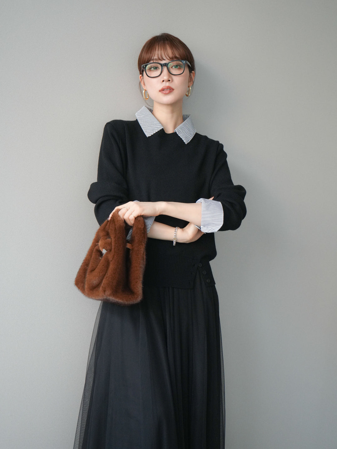 [予約]シャツドッキングデザイン裾ボタンニットプルオーバー/black