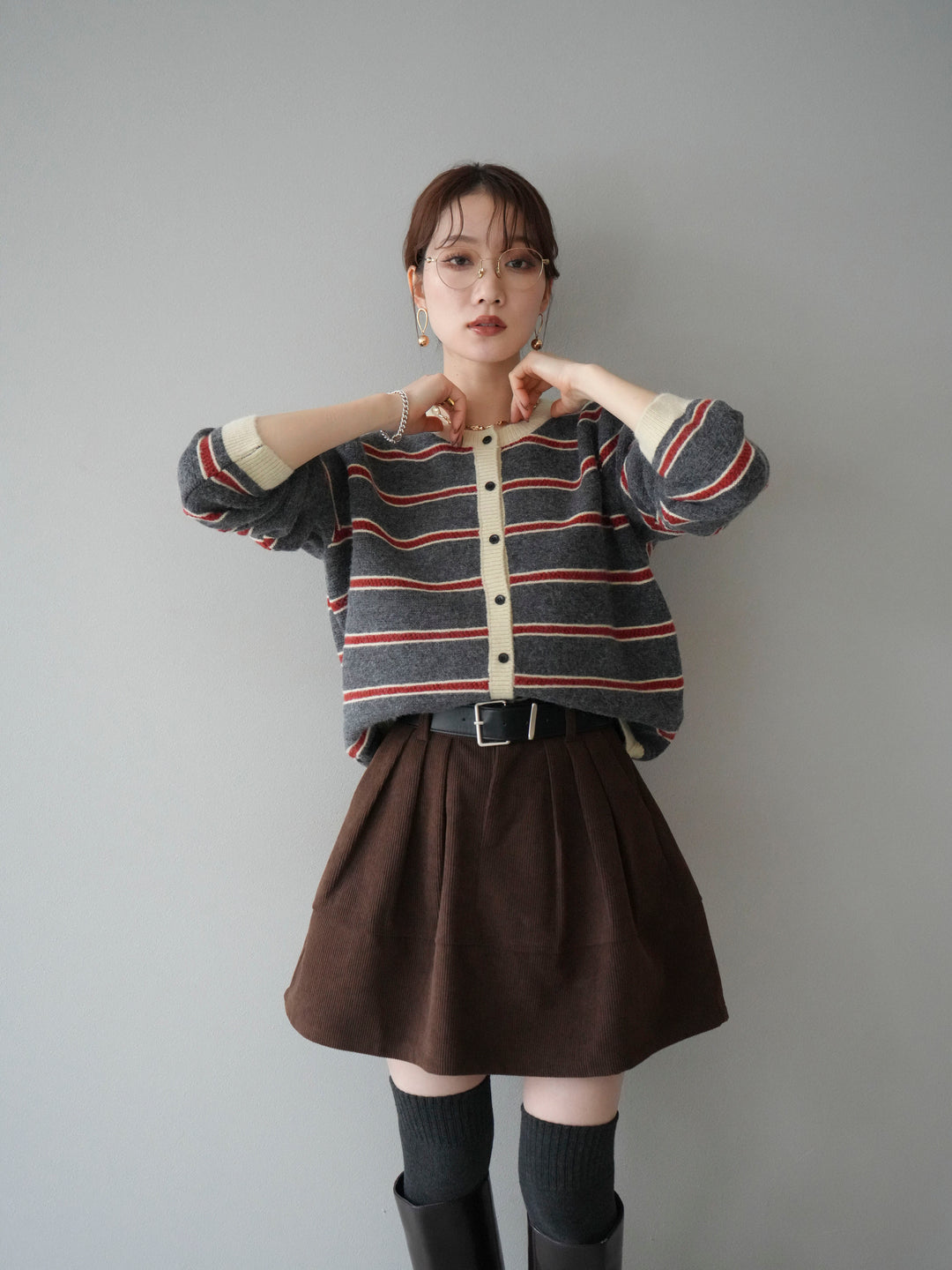 [予約]配色ボーダーニットカーディガン/gray