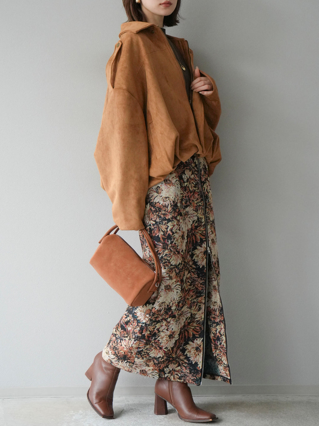 [SET]スウェードオーバーブルゾン+ゴブランフロントジップタイトスカート(2set)