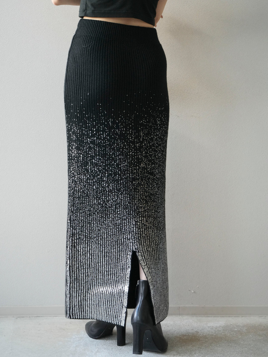[予約]箔プリントニットタイトスカート/black