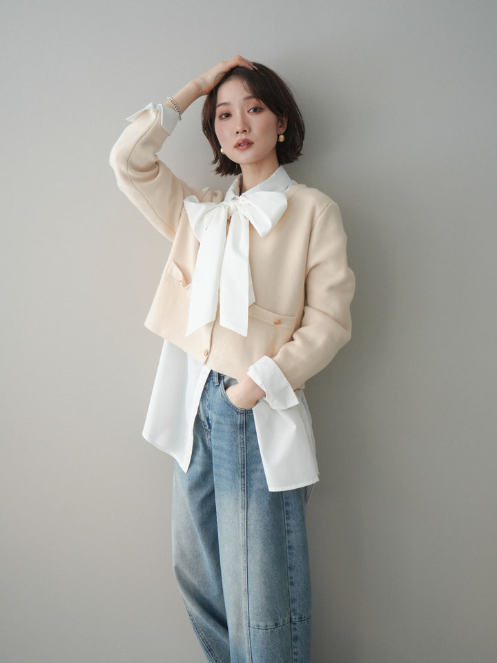 [SET]ゴールドボタンノーカラーニットジャケット+ゴールドボタンノーカラーニットジャケット(2set)