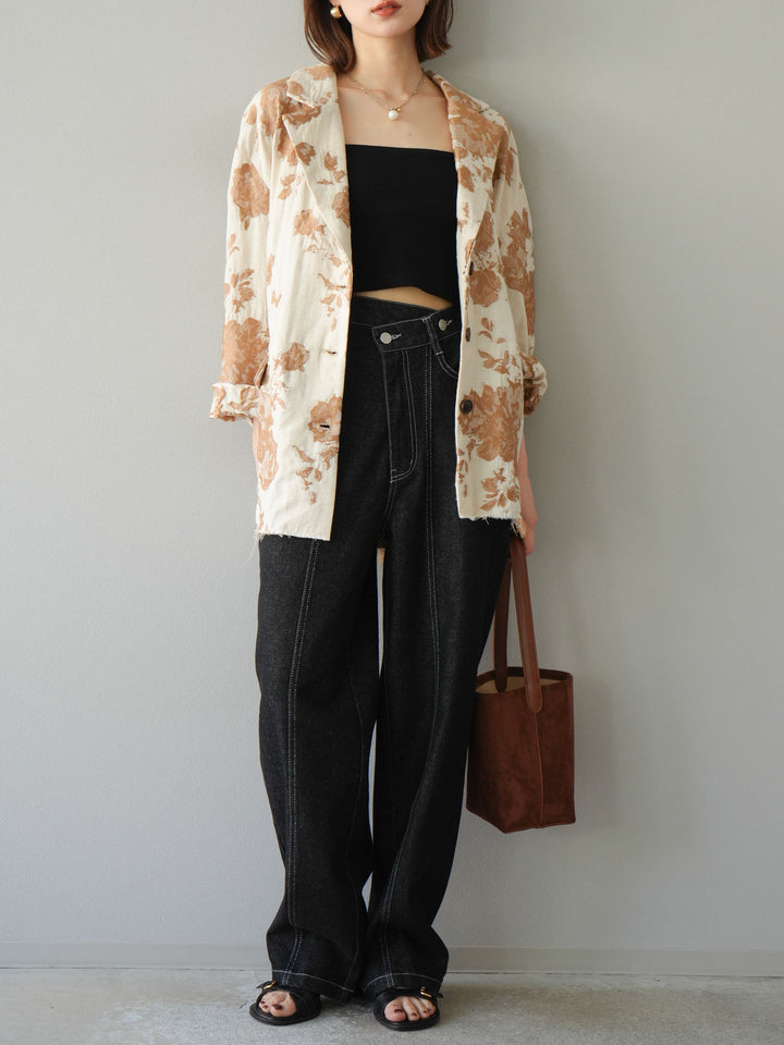 [予約]センターシームラップデザインストレートデニム/ブラック