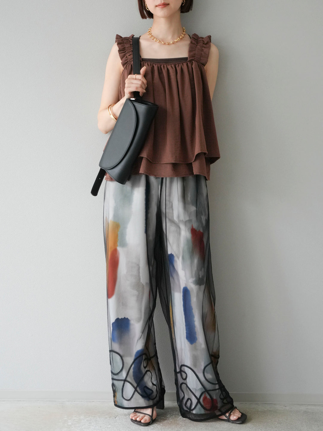 [SET] 縮肩喇叭背心 + 水彩藝術休閒褲 (2 件組)