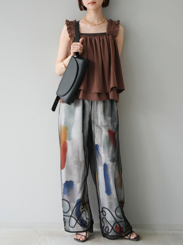 [SET] 縮肩喇叭背心 + 水彩藝術休閒褲 (2 件組)