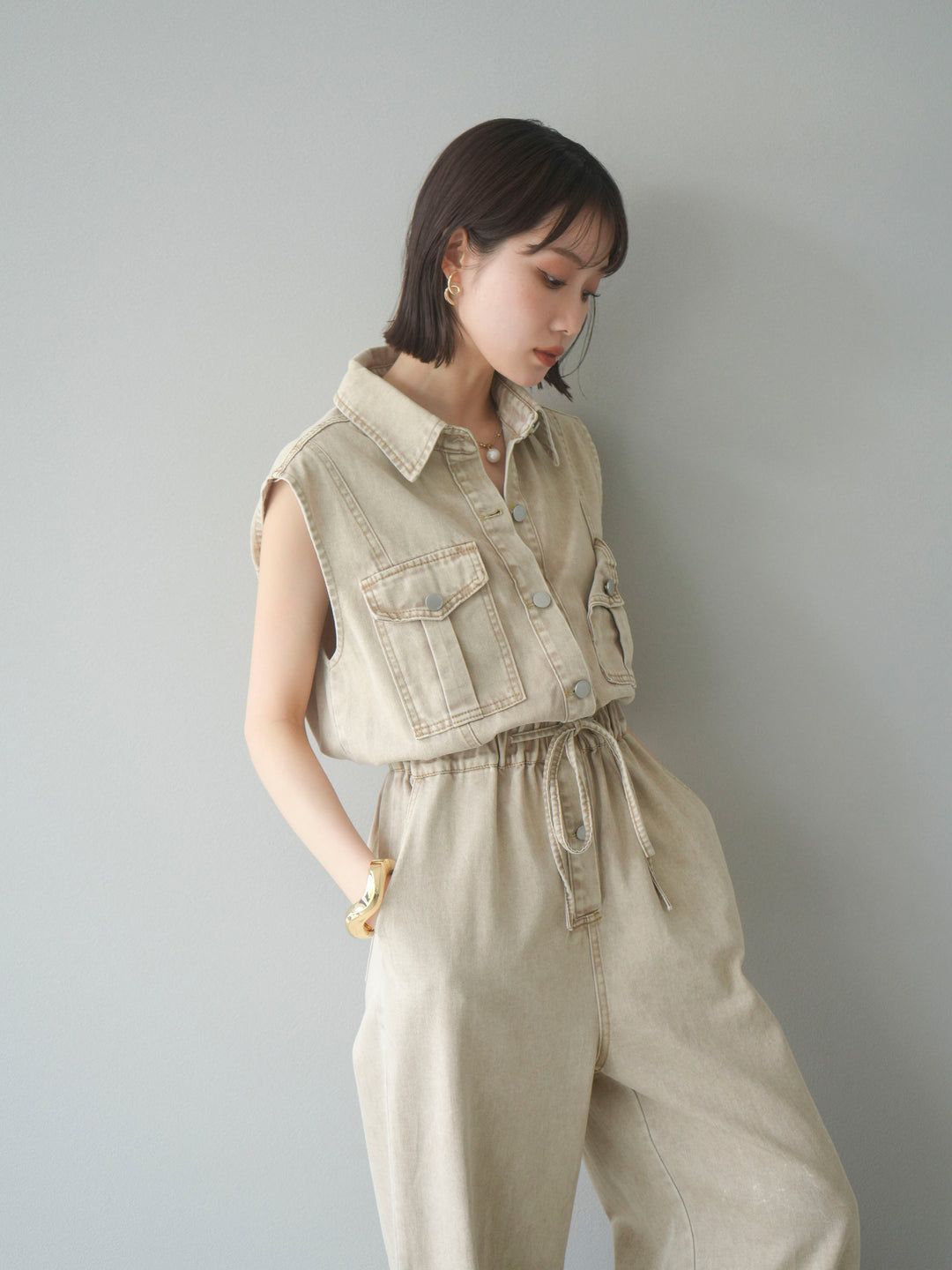 [予約]ポケットデザインデニムオールインワン/キャメル