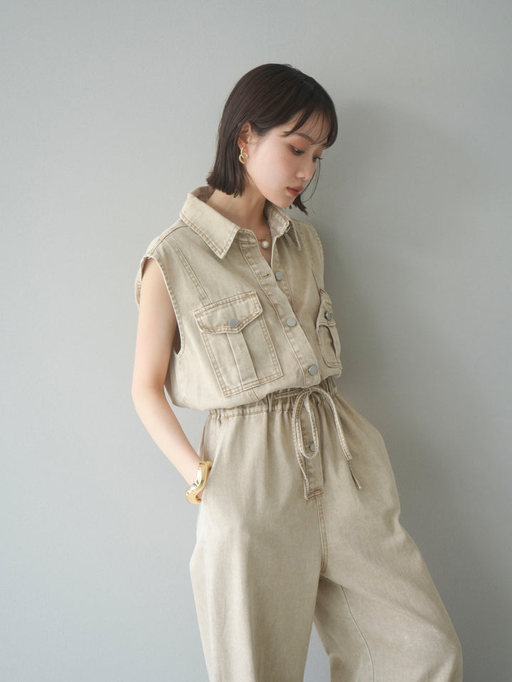 [予約]ポケットデザインデニムオールインワン/キャメル