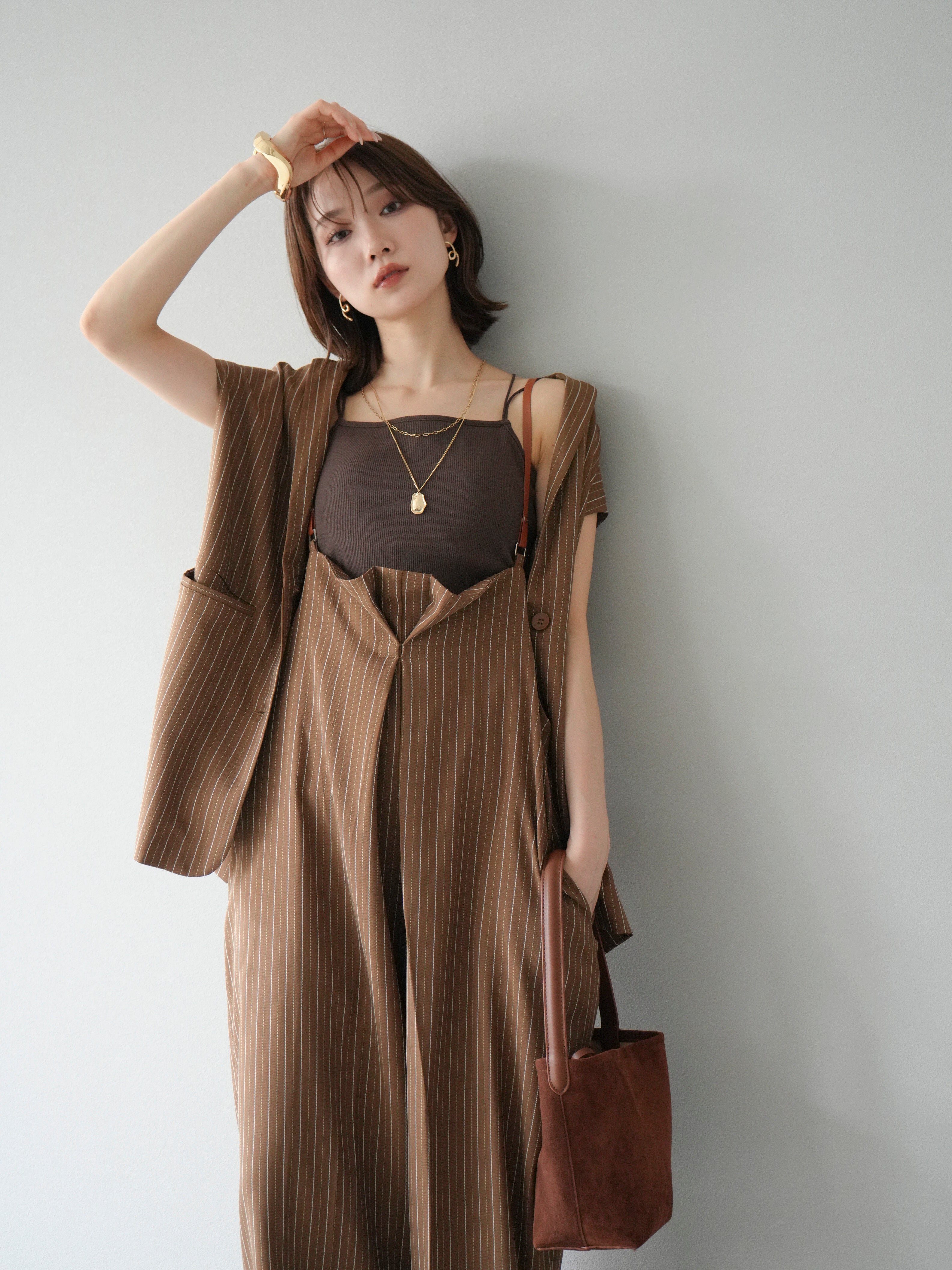 SET]ヘリンボーンストライプジレ+ヘリンボーンストライプサロペット