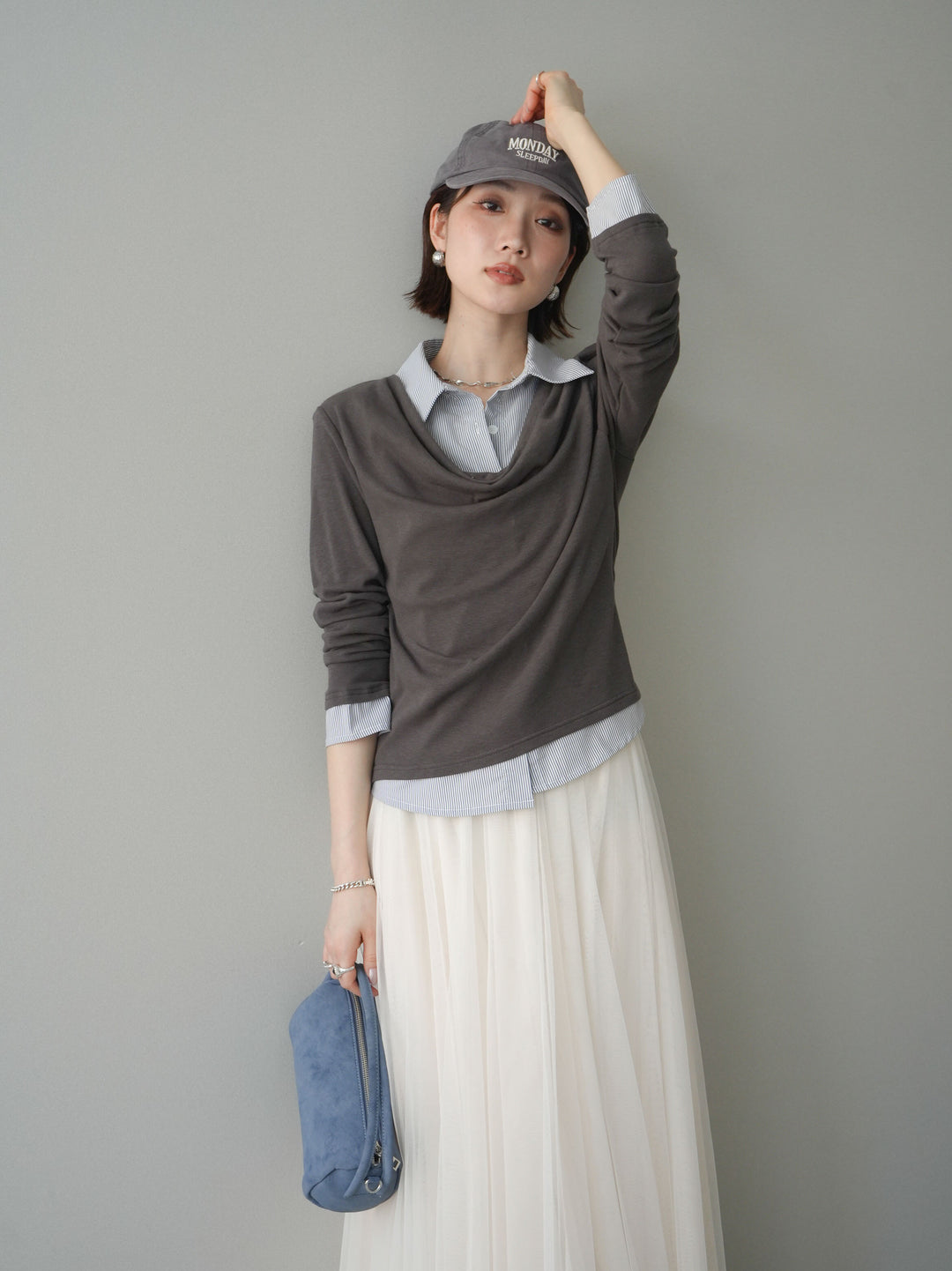 [予約]ストライプドッキングシャツドレープカットソー/charcoal