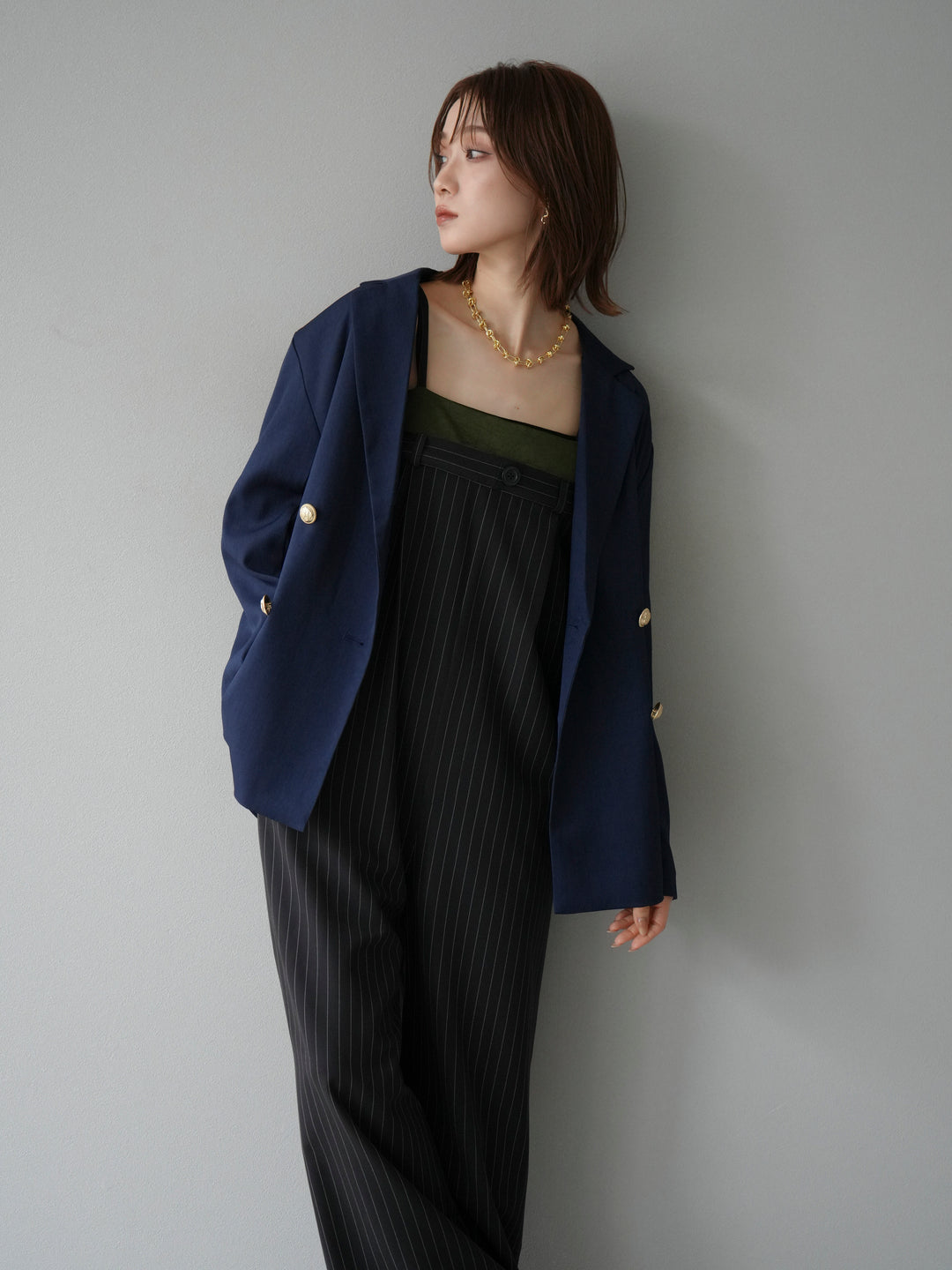 [予約]サテン切替ピンストライプサロペット/ブラック