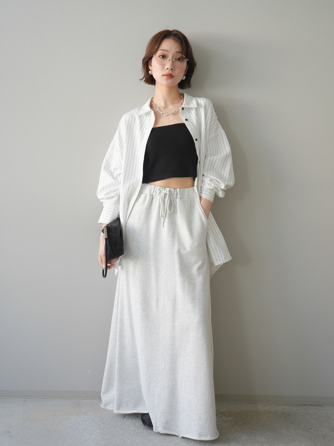 [SET]2WAYカシュクールストライプブラウス+スウェットフレアロングスカート(2set)