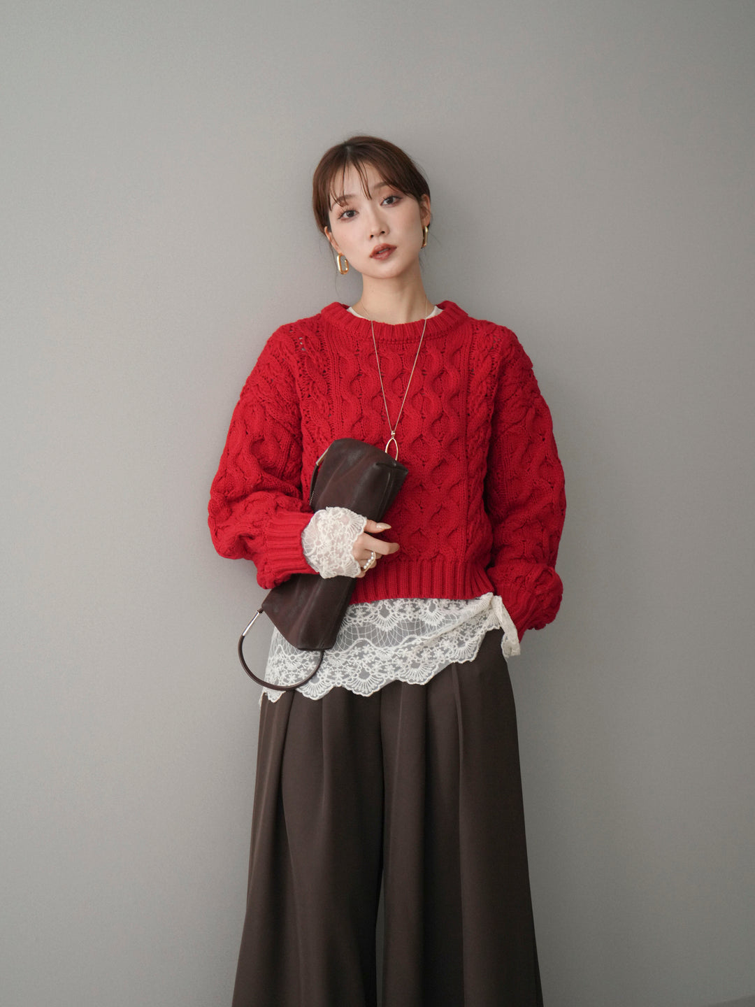 [SET]バルキーケーブルクロップドニットプルオーバー+チュールレーストップス(2set)