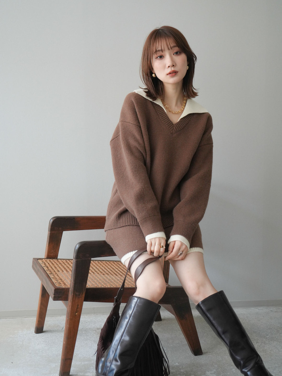 [SET]配色襟ニット＆ミニスカートSET UP(2set)