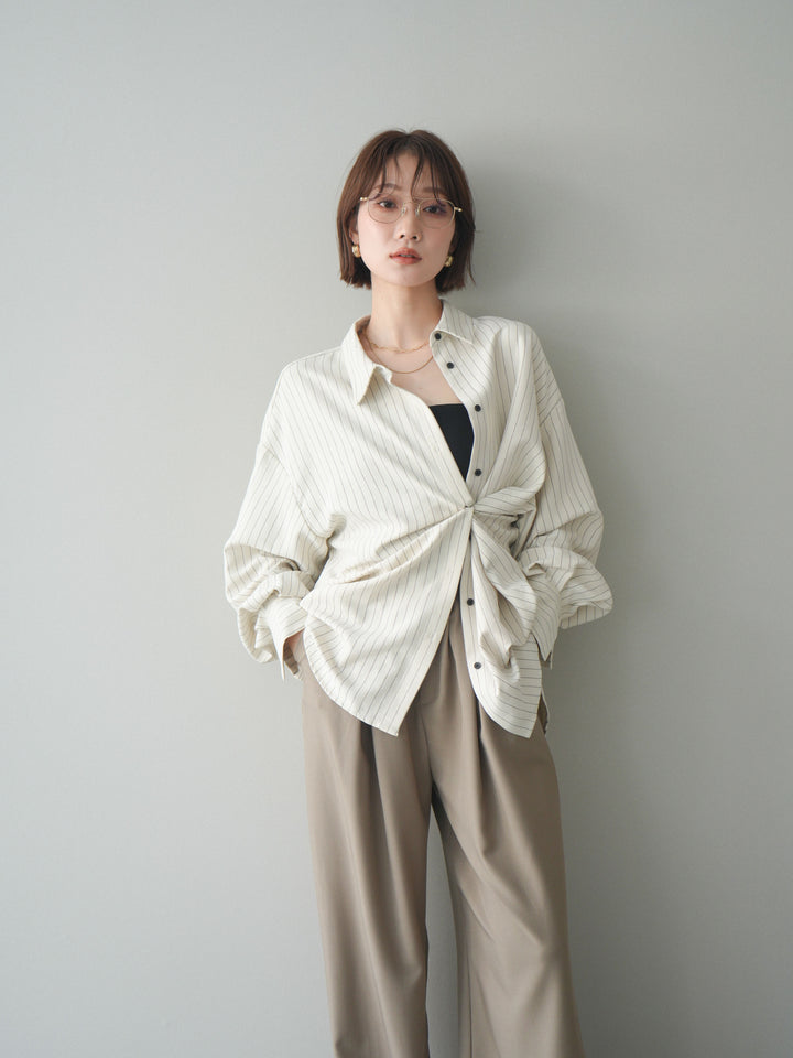 [SET]2WAYカシュクールストライプブラウス+ベルト付キーホルダーモチーフワイドパンツ(2set)