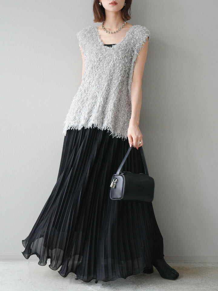 [予約]シフォンプリーツパイピングスカート/ブラック