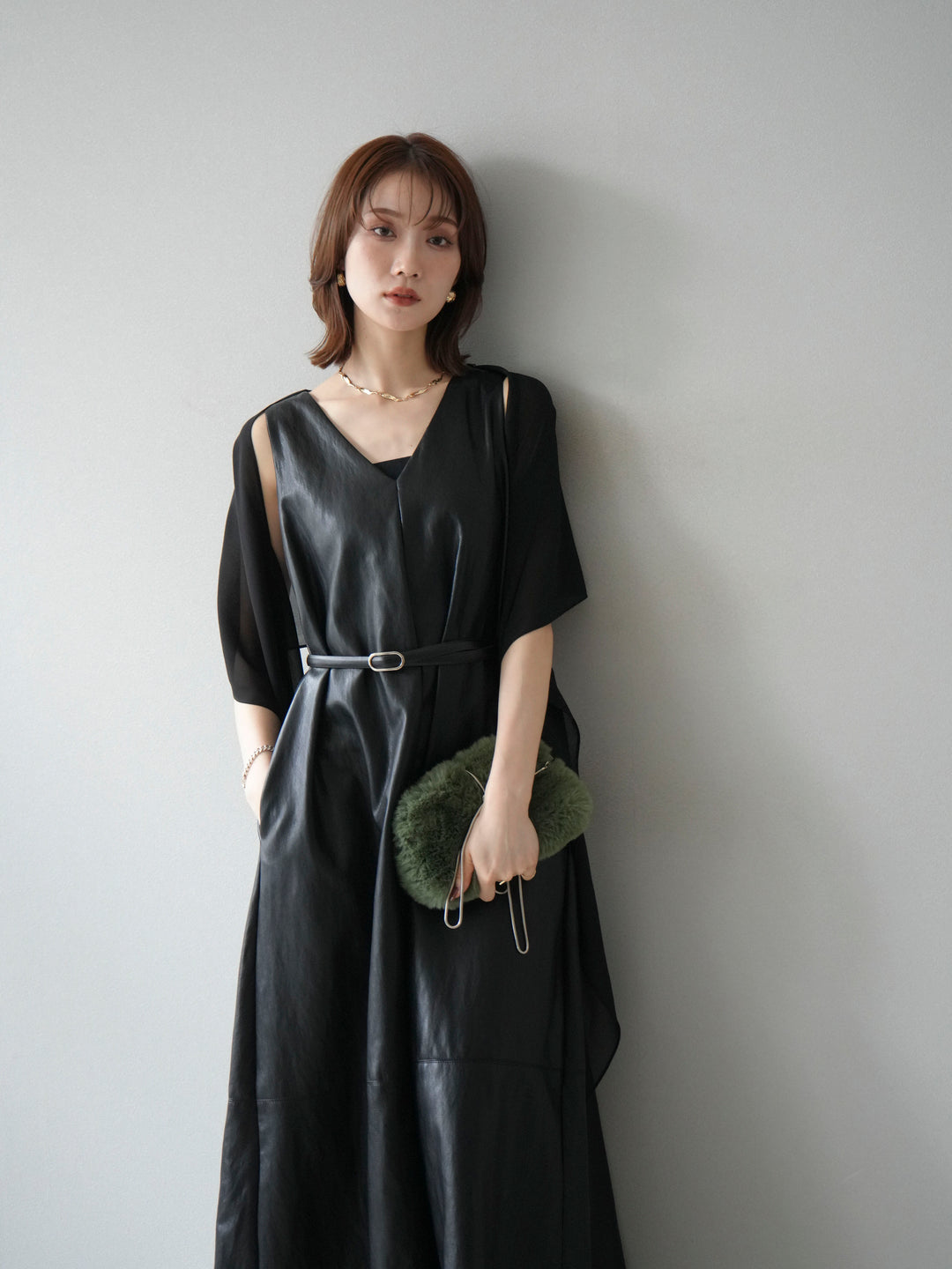 [予約]レザーAラインワンピース/ブラック