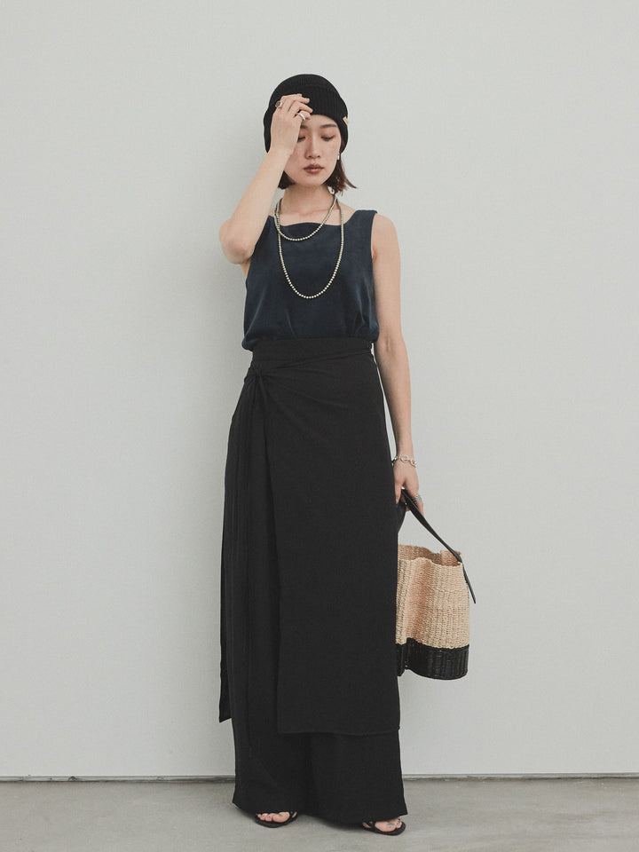 [SET]スクエアベロアタンクトップ+ワッシャーサテンレイヤードスカートパンツ(2set)
