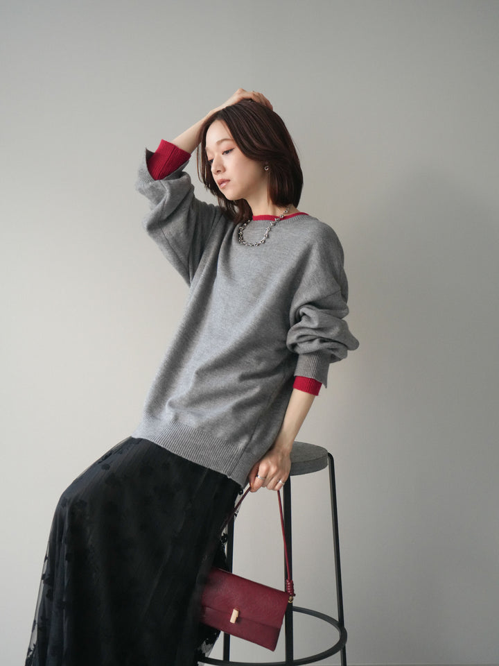 [SET]ヘンリーネック配色レイヤードニットプルオーバー+フラワーフロッキーチュールプリーツスカート(2set)