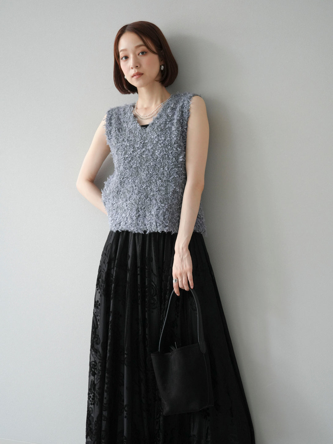 [SET]テープヤーンフリンジニットベスト+アンティーク柄フロッキーマキシスカート(2set)