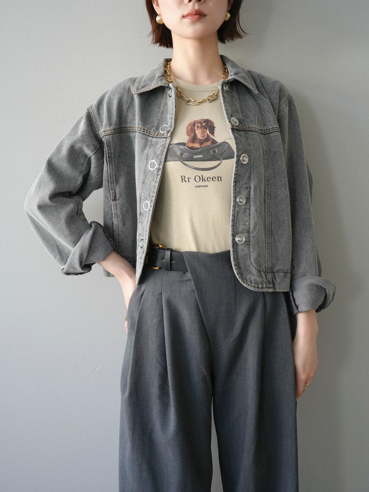 [SET]ラウンドカットコンパクトデニムジャケット+ドッグコンパクトTEE+アシンメトリーベルトタックワイドパンツ(3set)