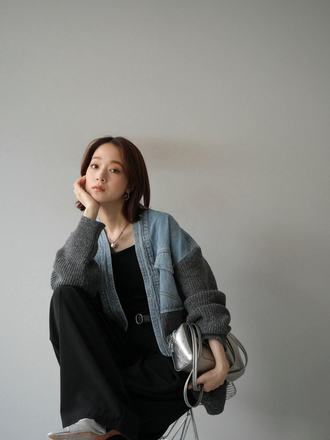 [予約]デニム切替ネップニットカーディガン/グレー