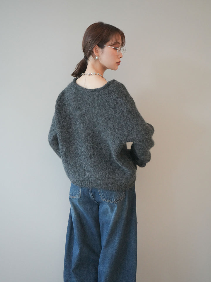 [SET]キーネックシャギーニットカーディガン+カーゴデザインコクーンデニムパンツ(2set)