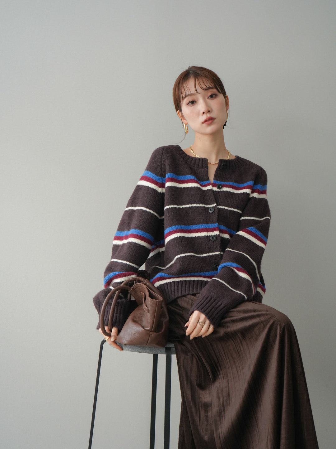 [予約]ランダムボーダーニットカーディガン/brown