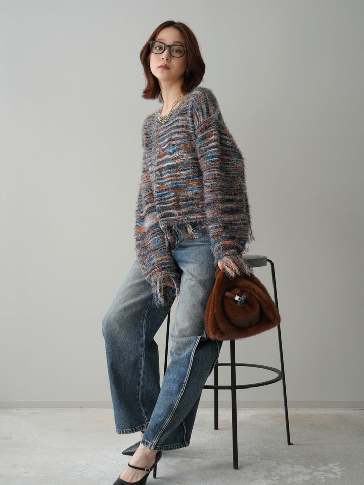 [予約]裾フリンジミックスヤーンシャギープルオーバー/blue