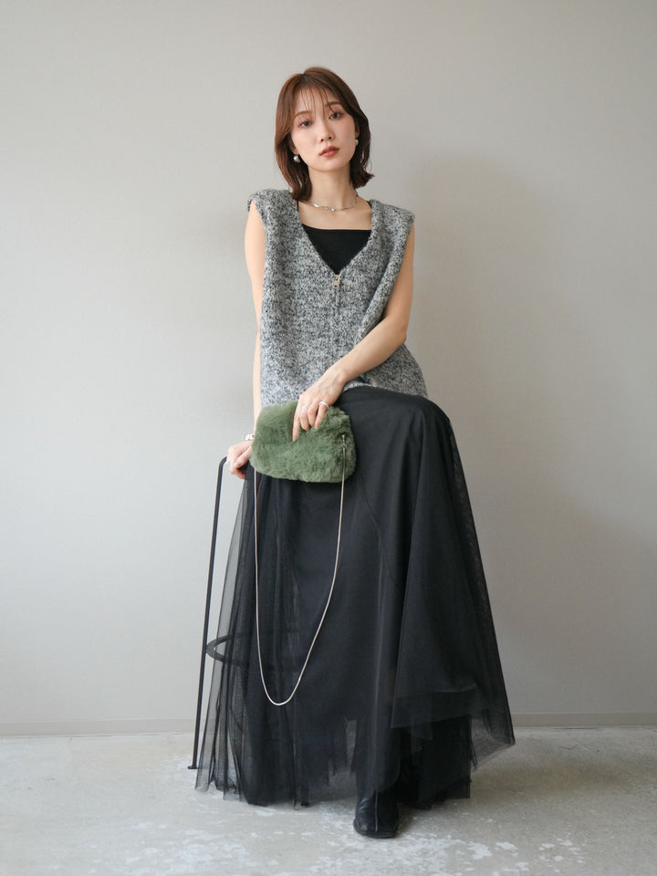 [予約]フロントZIPミックスニットベスト/ブラック