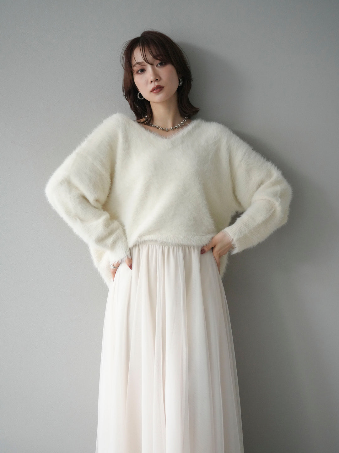 [予約]バックリボンVネックシャギーニットプルオーバー/ivory