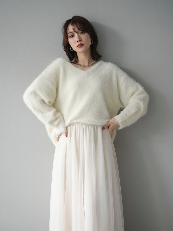 [予約]バックリボンVネックシャギーニットプルオーバー/ivory