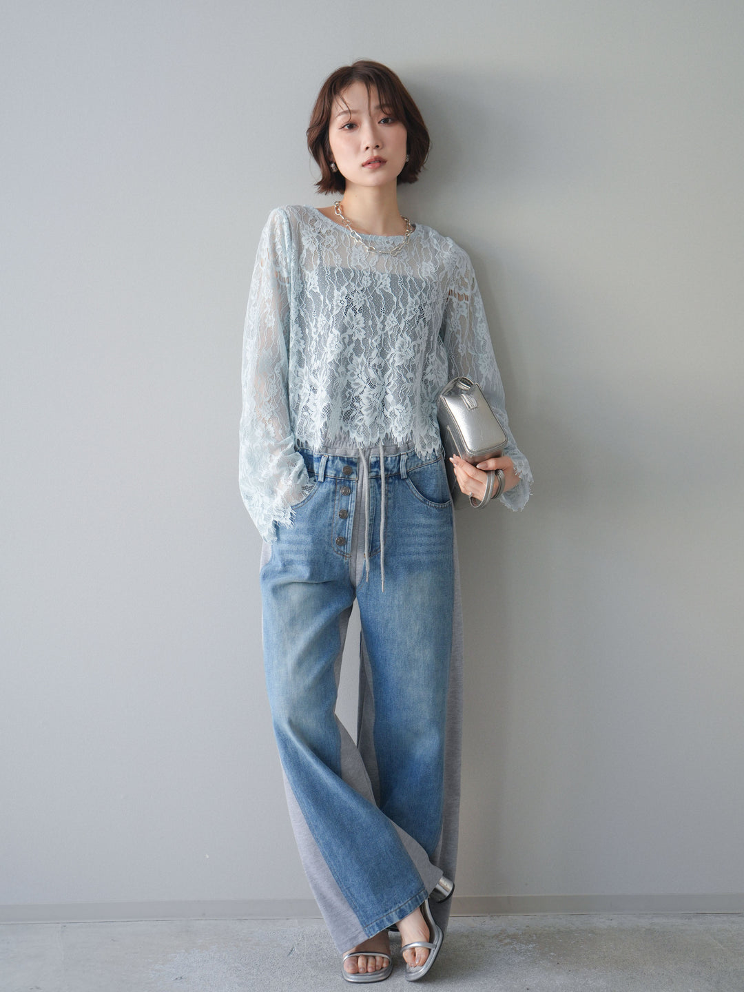 [SET]2WAYスリーブレーストップス+デニム切替スウェットパンツ(2set)