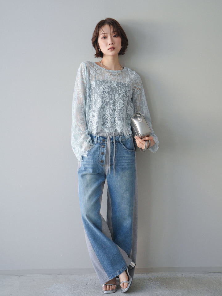 [SET]2WAYスリーブレーストップス+デニム切替スウェットパンツ(2set)