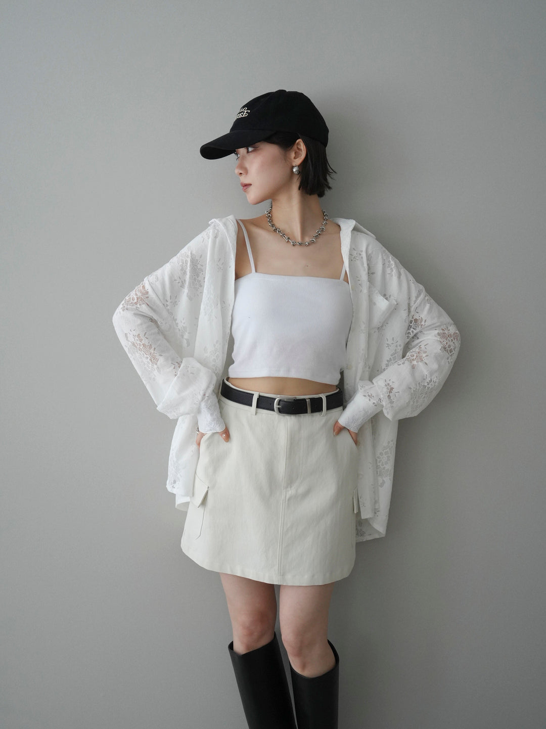 【套裝】提花蕾絲罩衫+繫帶工裝迷你裙（兩件套）