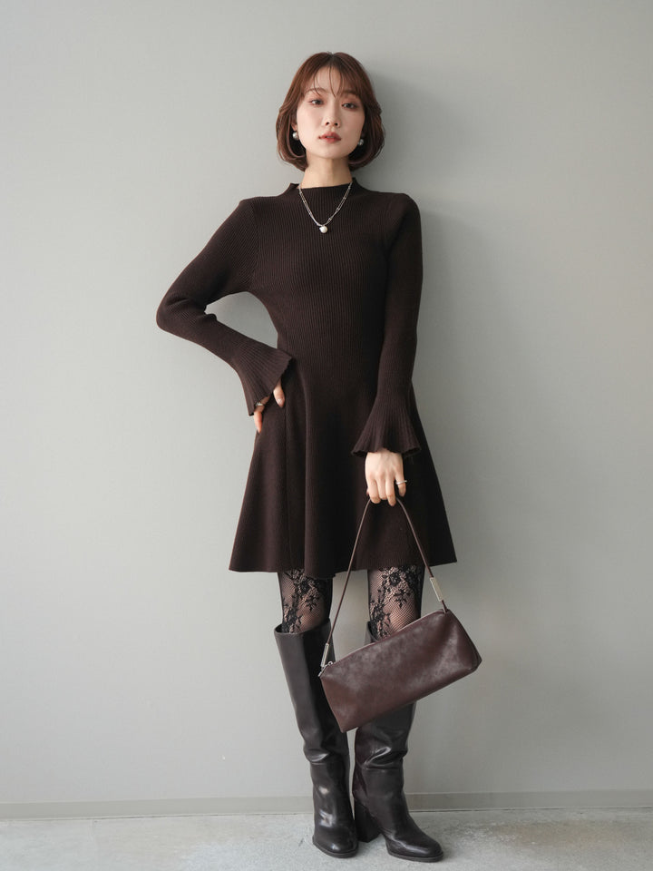 [予約]フレアリブニットミニワンピース/brown