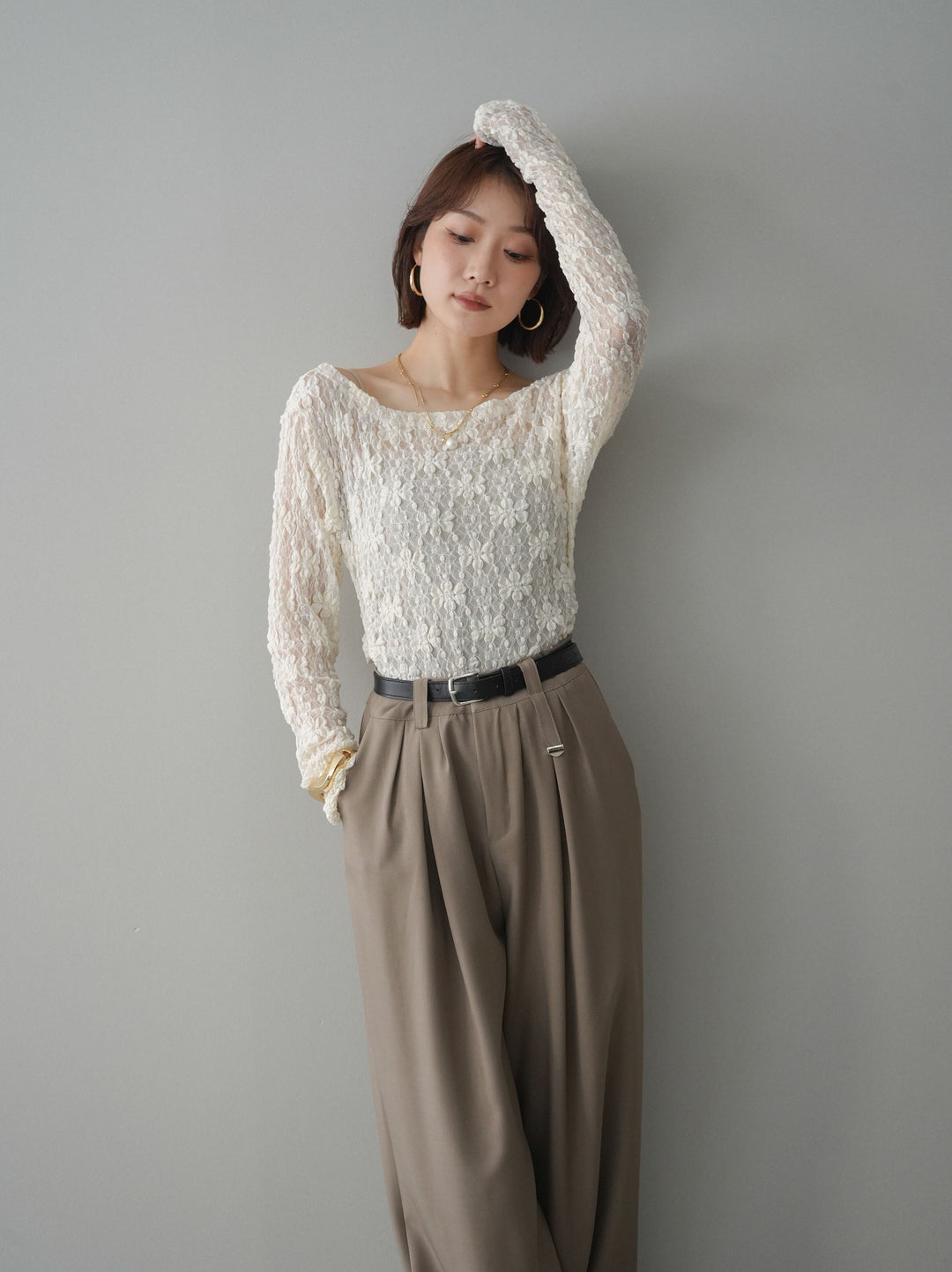 [SET]サイドギャザーレーストップス+サイドギャザーレーストップス(2set)