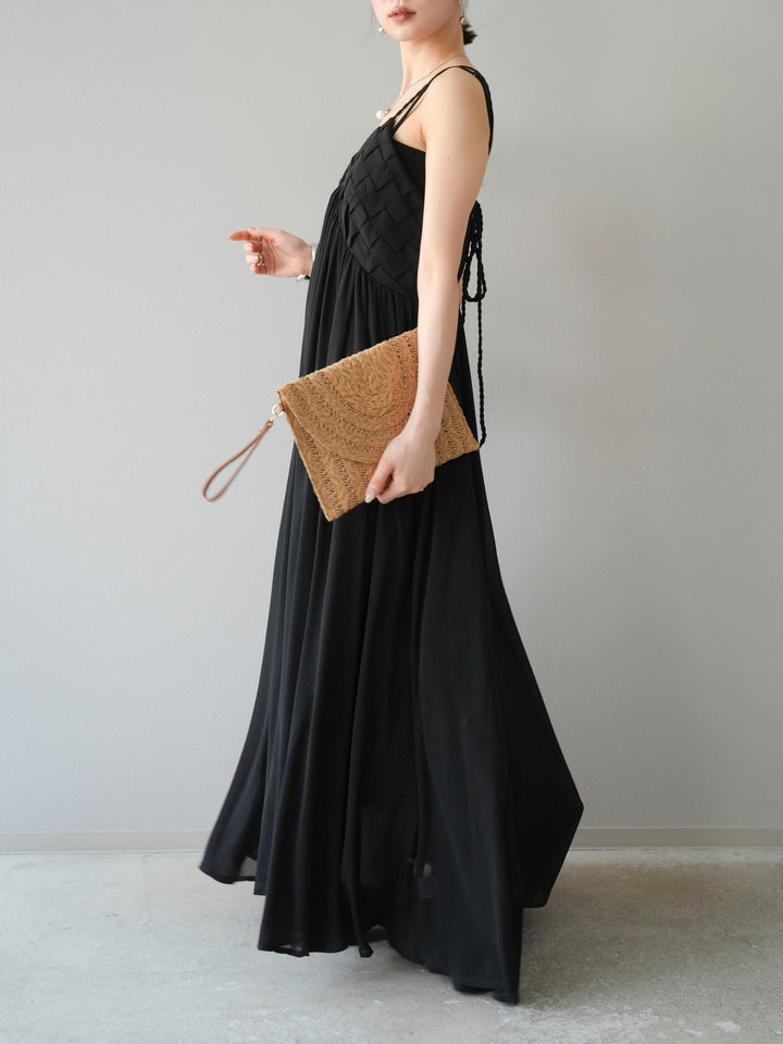 [SET]編み込みデザインシフォンワンピース+カップ付テレコリブベアキャミソール(2set)