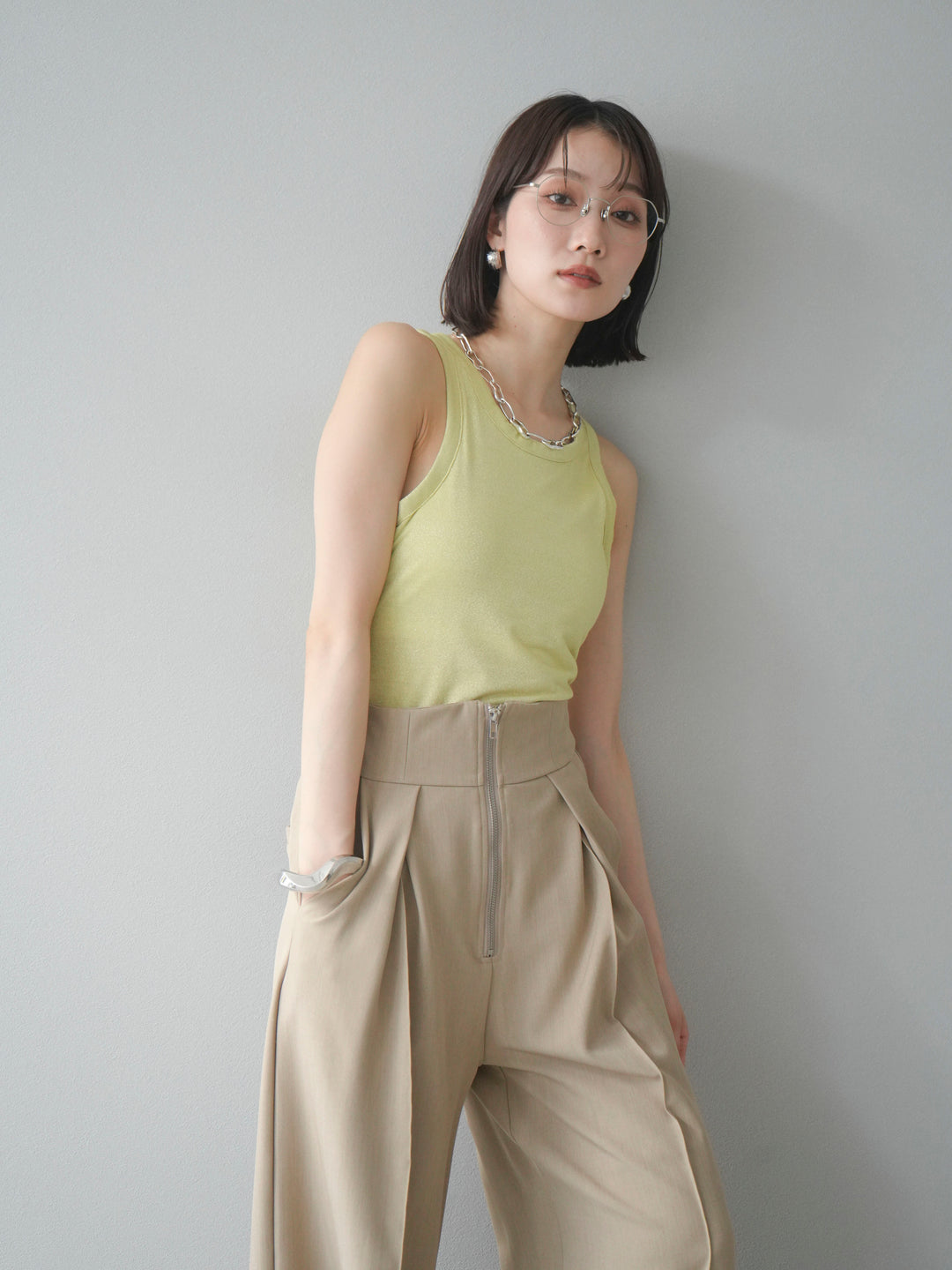 [予約]カップ付きラメアメスリブラトップ/イエロー