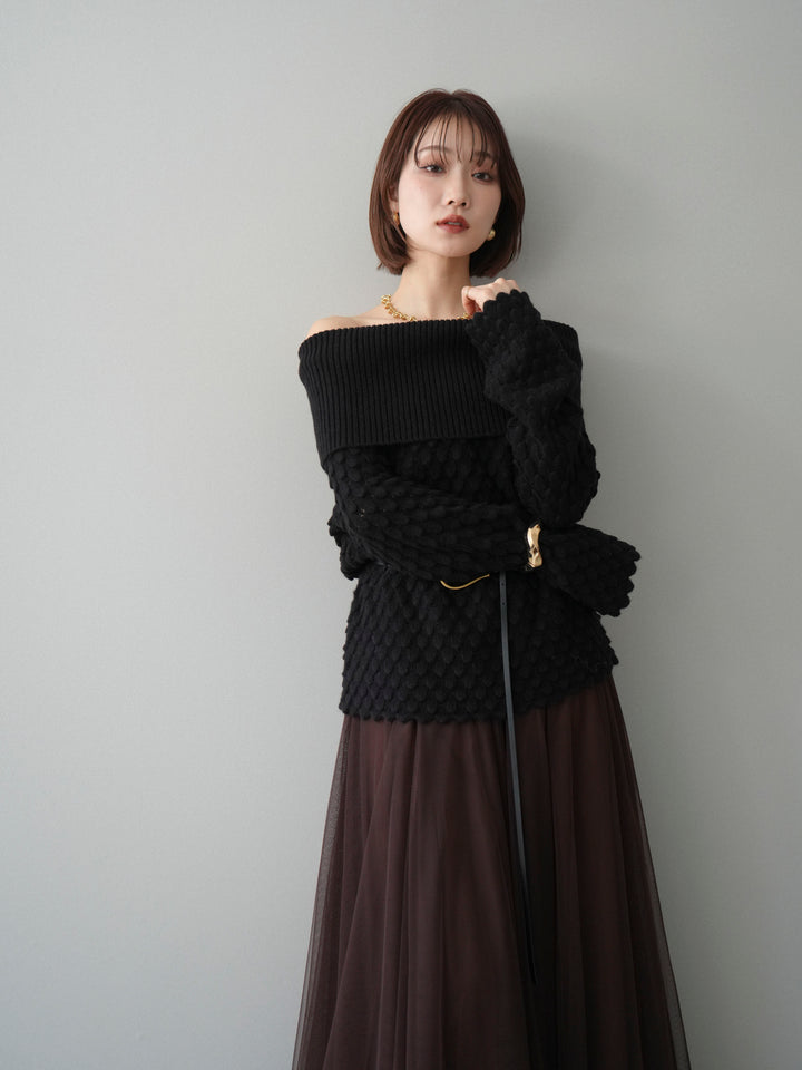 [SET]ポコポコ編みオフショルニットプルオーバー+チュールボリュームスカート(2set)