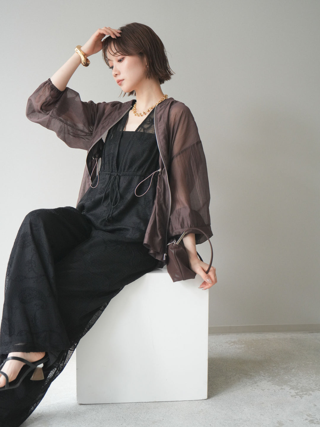 [SET]レース刺繍サロペット+ドロストシアーブルゾン(2set)