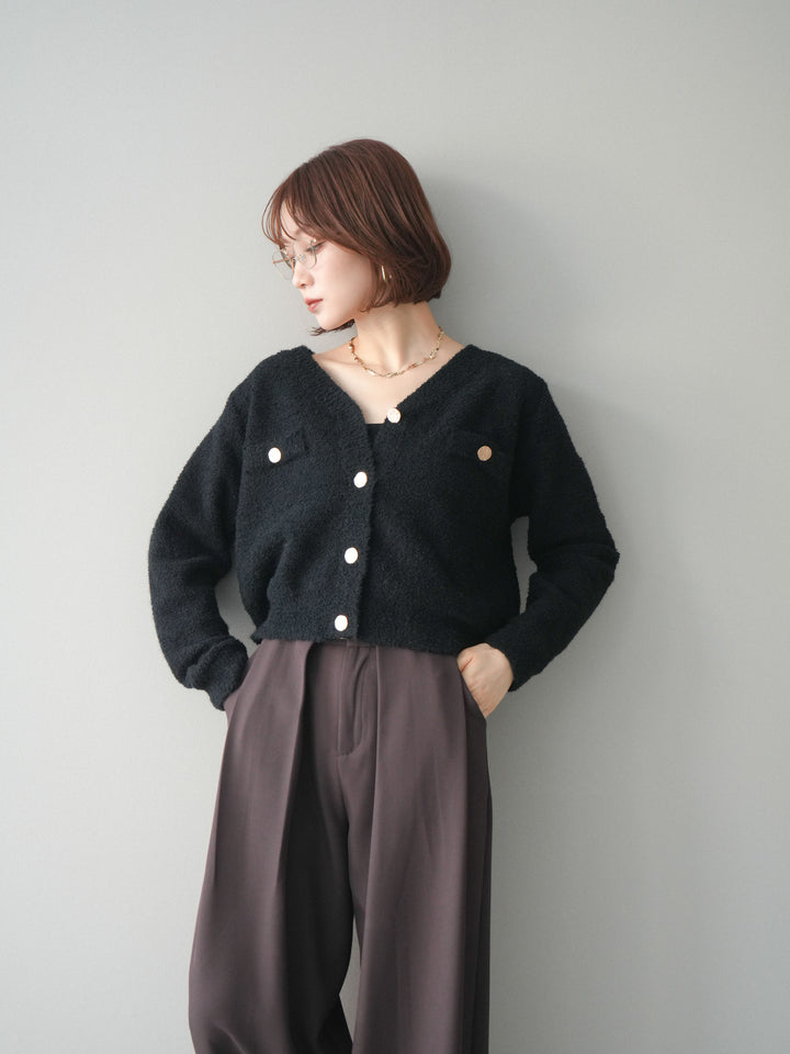 [SET]ゴールドボタンモールニットカーディガン+ベルトループデザインワイドパンツ(2set)