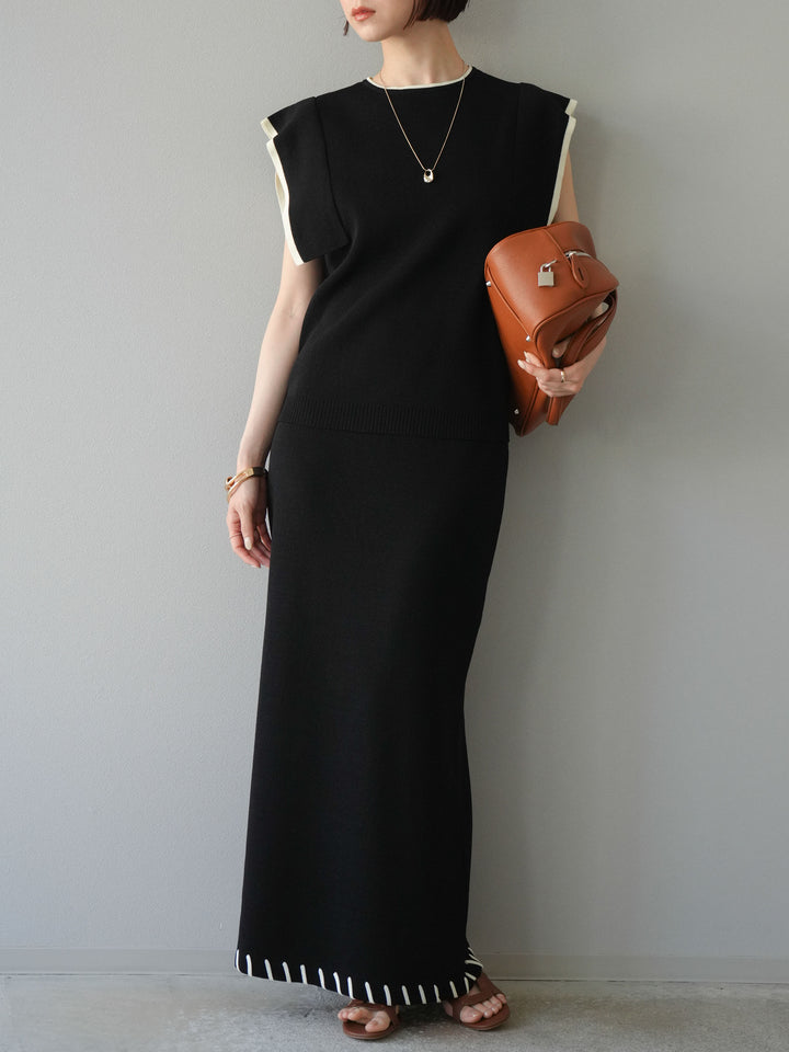 【預購】亞麻質感手縫針織緊身裙/黑色