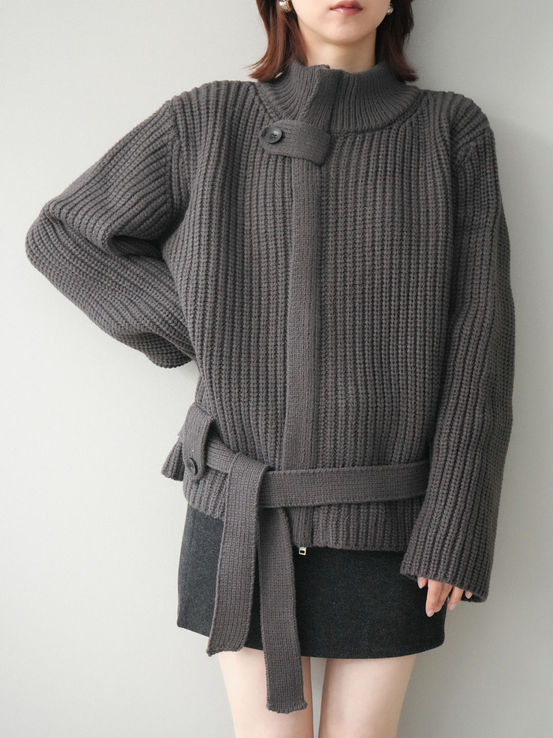 [SET]畦編みボトルネックZIPニットカーディガン+ウールタッチベルト付ミニスカート(2set)