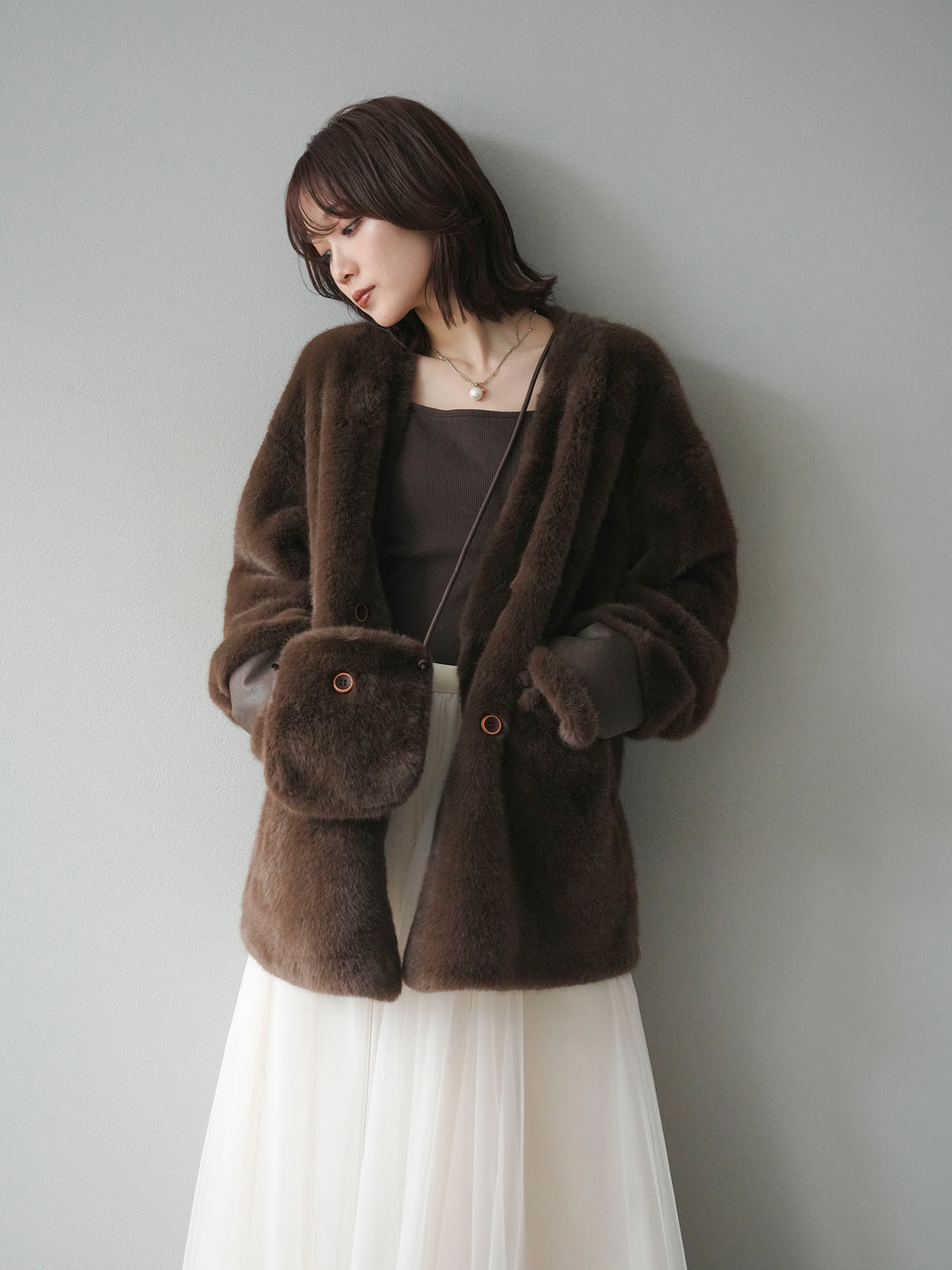 [SET]バッグ付エコファーノーカラーコート+チュールボリュームスカート(2set)