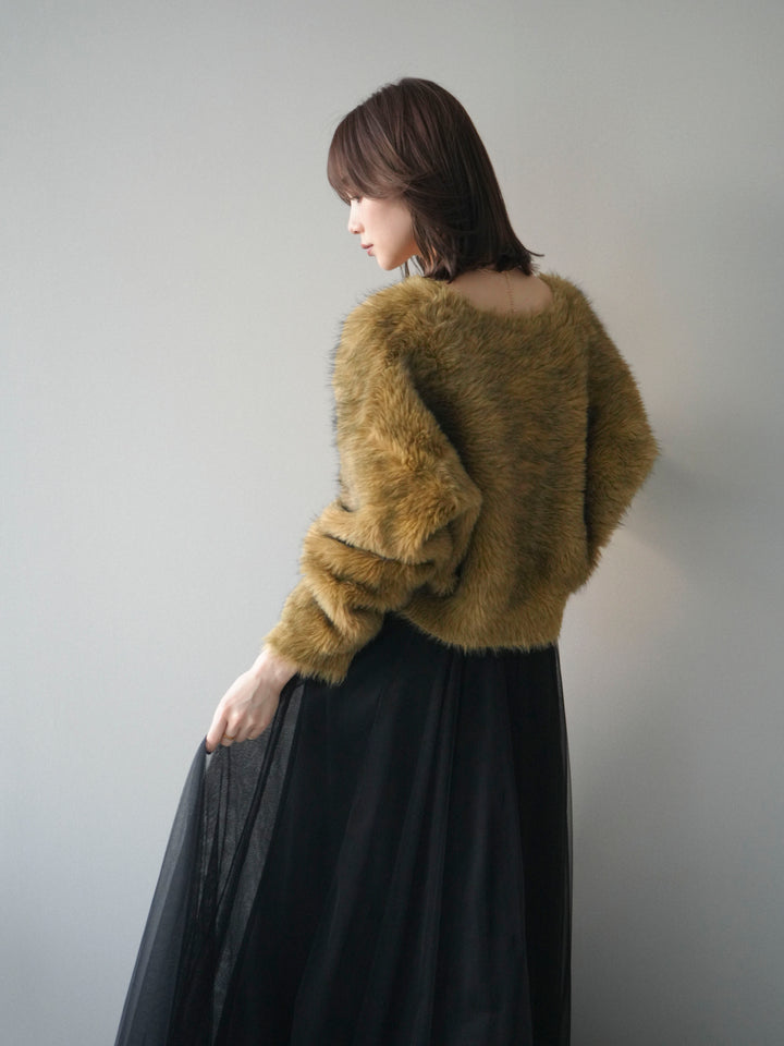 [予約]ミックスシャギーショートニットカーディガン/green